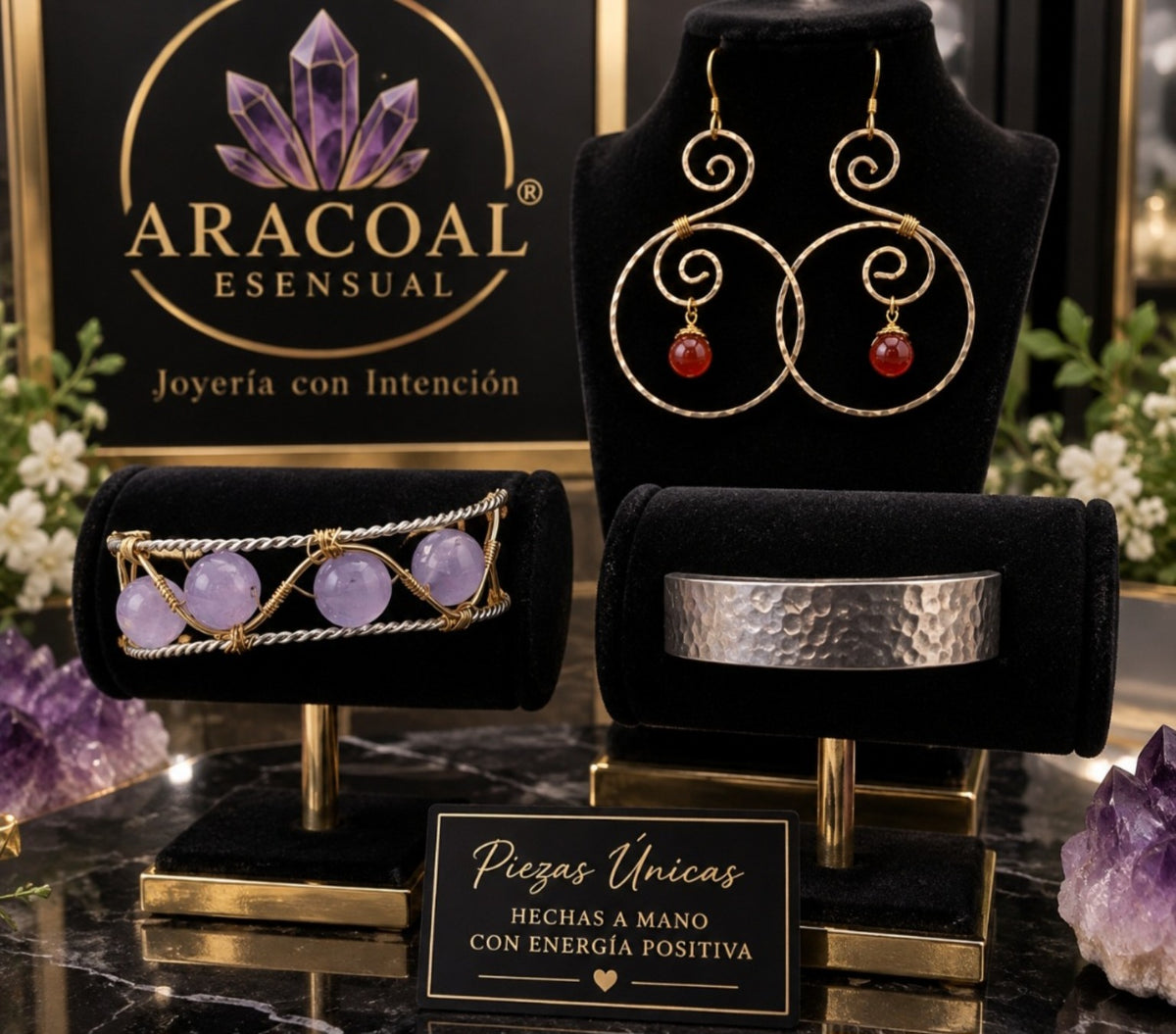 Aretes artesanales Aracoal Esensual en espiral con piedra roja