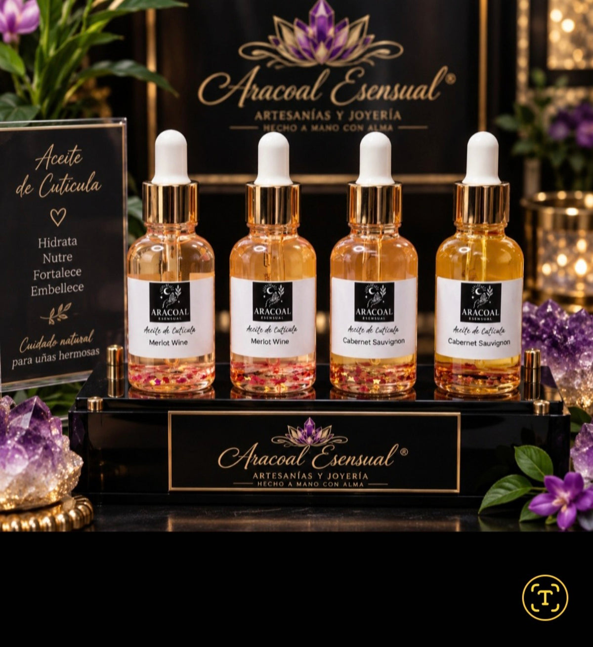 Aceite de cutícula natural Aracoal Esensual con aceite de aguacate, peach oil, vitamina E y fragancia.