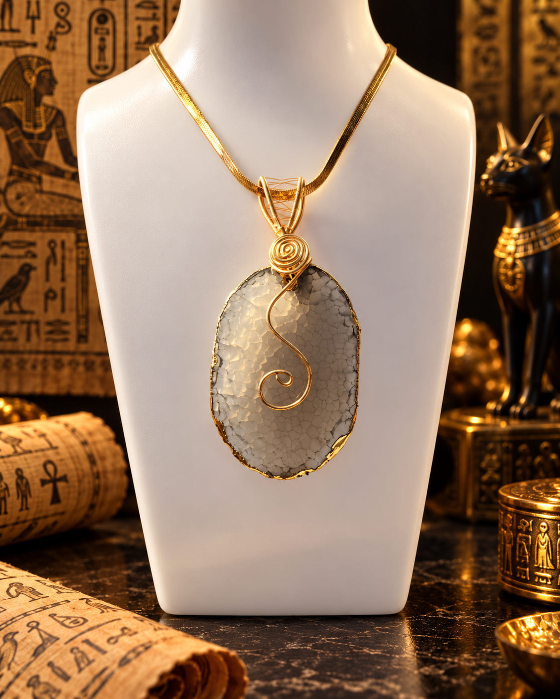 Collar artesanal de ágata gris y alambrismo dorado sobre busto blanco, rodeado de papiros egipcios sobre fondo negro y dorado