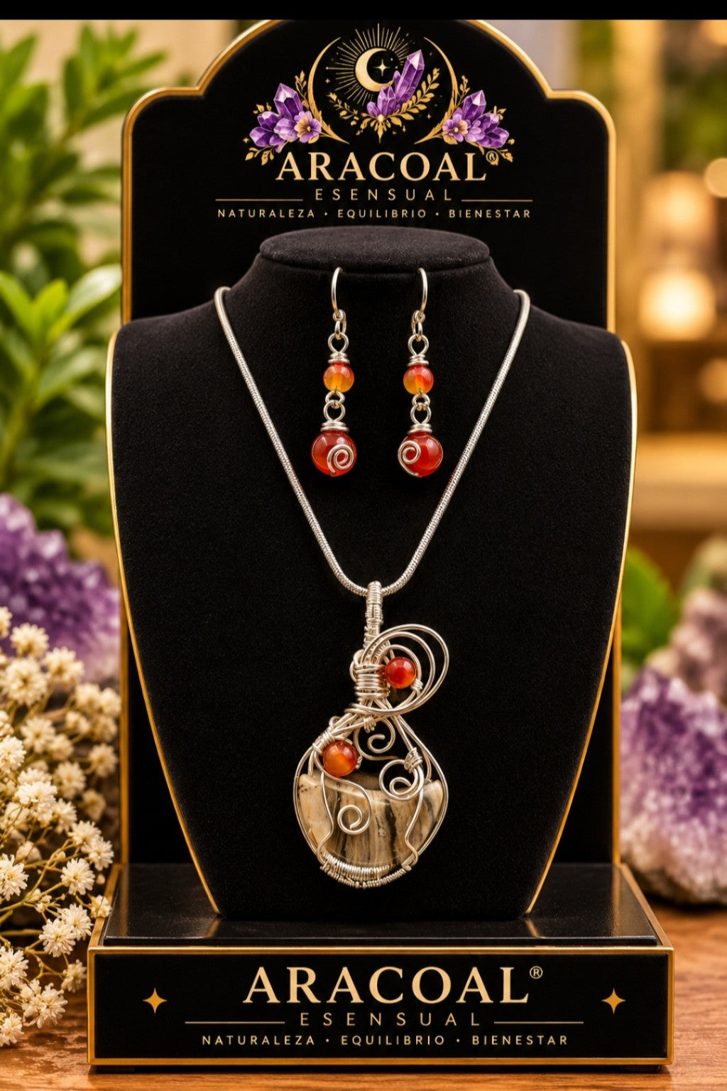 Conjunto de cuarzo ágata y cornalita con cadena plateada de stainless steel