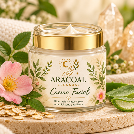 Crema Facial Aracoal Esensual, envase con logo botánico y fondo natural