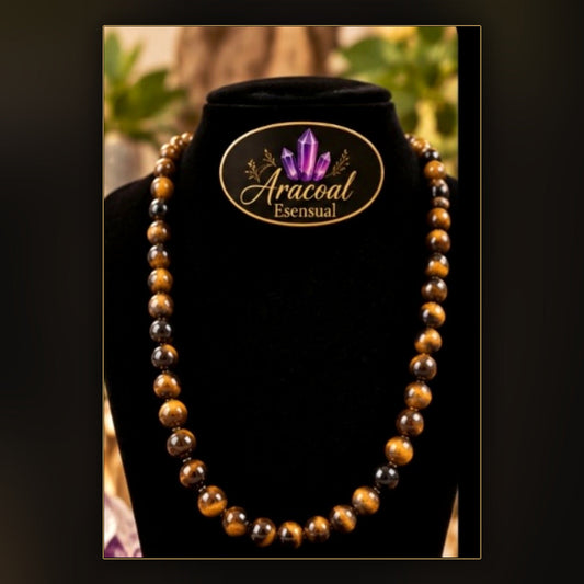 Collar de cuentas marrones doradas ojo de tigre, fotografía de Aracoal Esensual