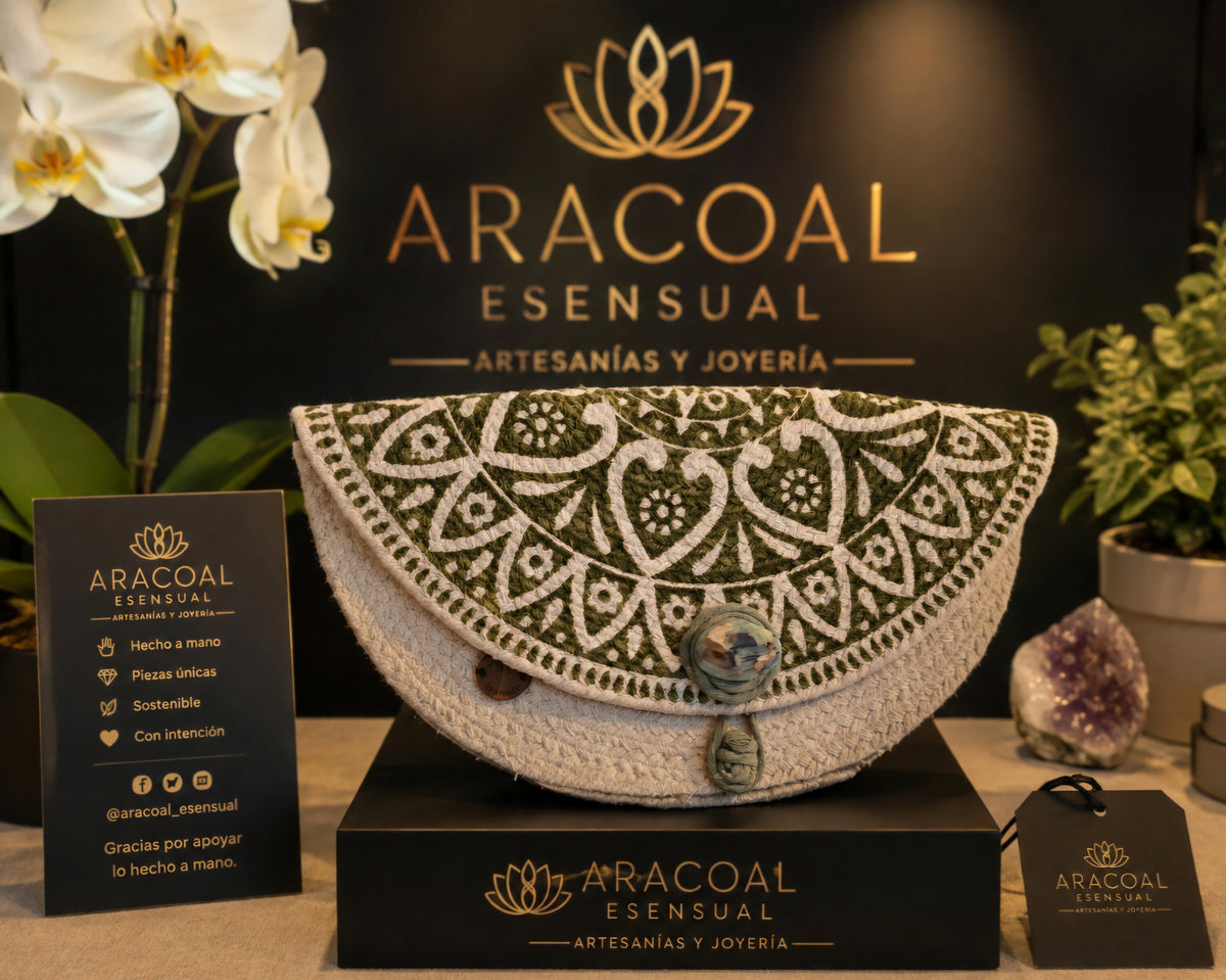 Cartera artesanal verde floral de Aracoal Esensual