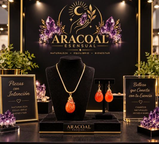 Set artesanal Aracoal Esensual con collar y aretes de piedra naranja