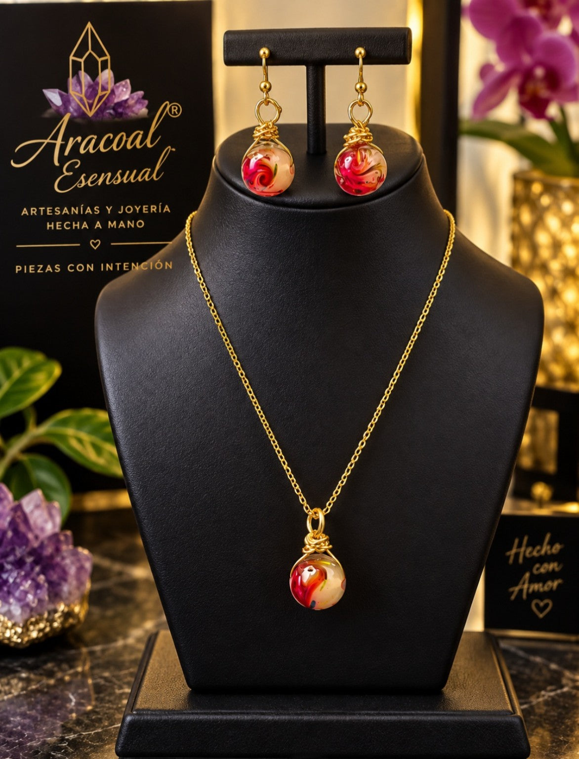 Set artesanal Aracoal Esensual de collar y aretes