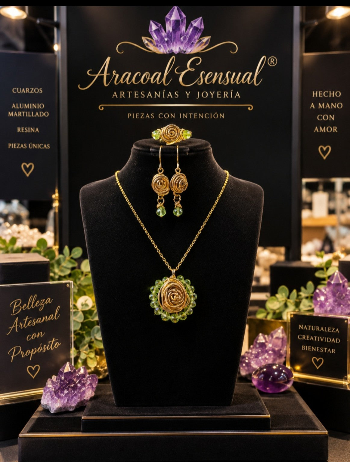 Set artesanal Aracoal Esensual con collar, aretes y detalles de cuarzo verde